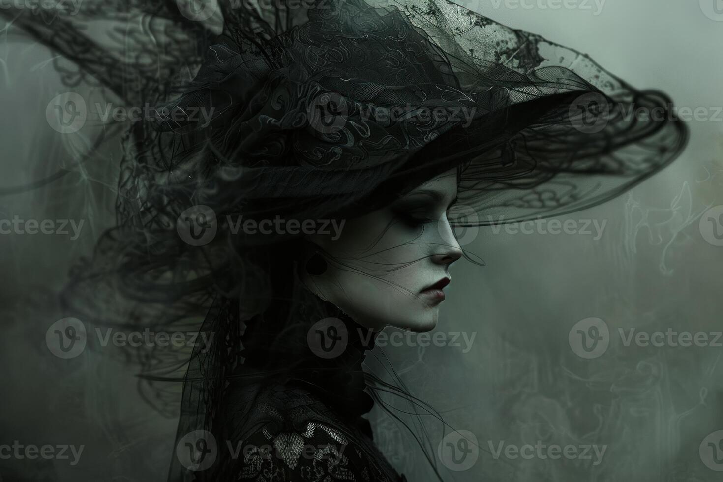 Mysterious woman in gothic attire with veiled hat photo