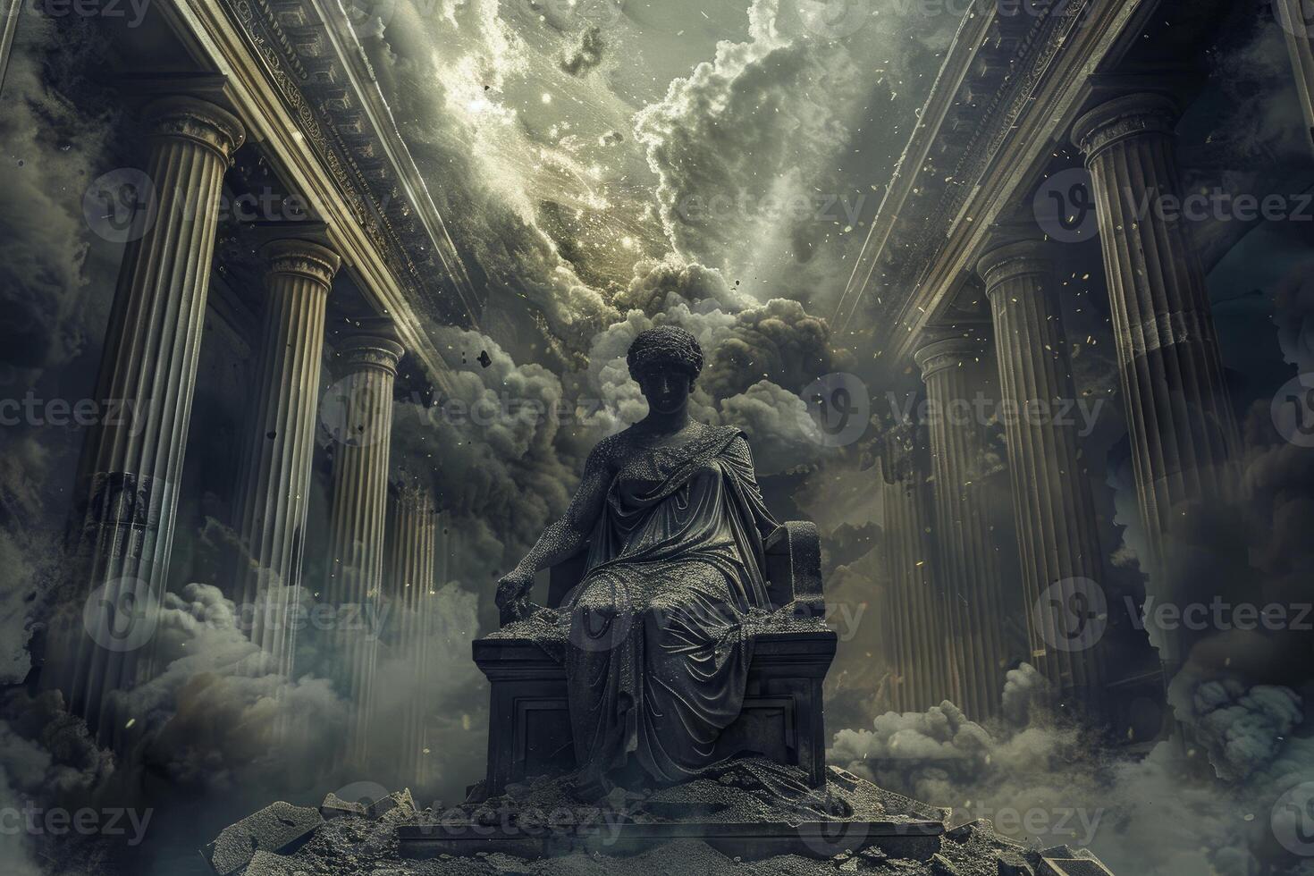 Majestic statue amidst ethereal cloudscape photo