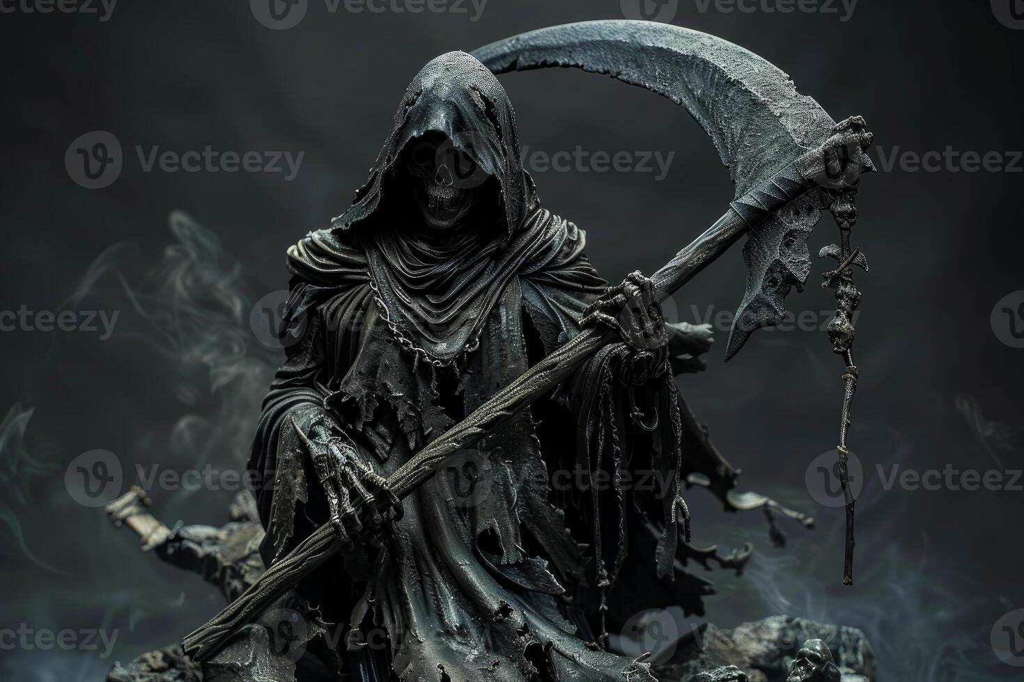 Grim reaper statue in misty darkness photo