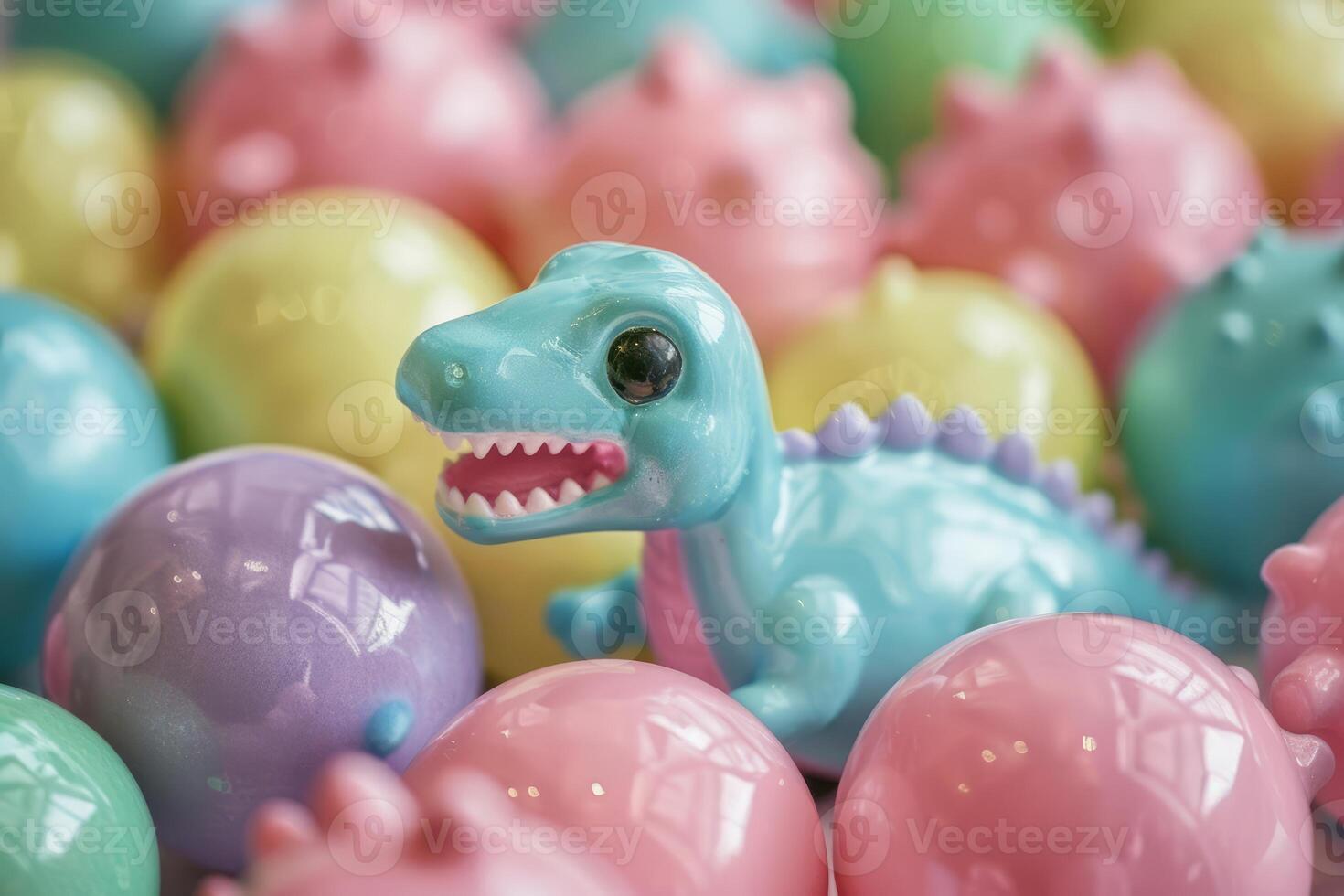 Cute dinosaur toy among colorful plastic eggs photo