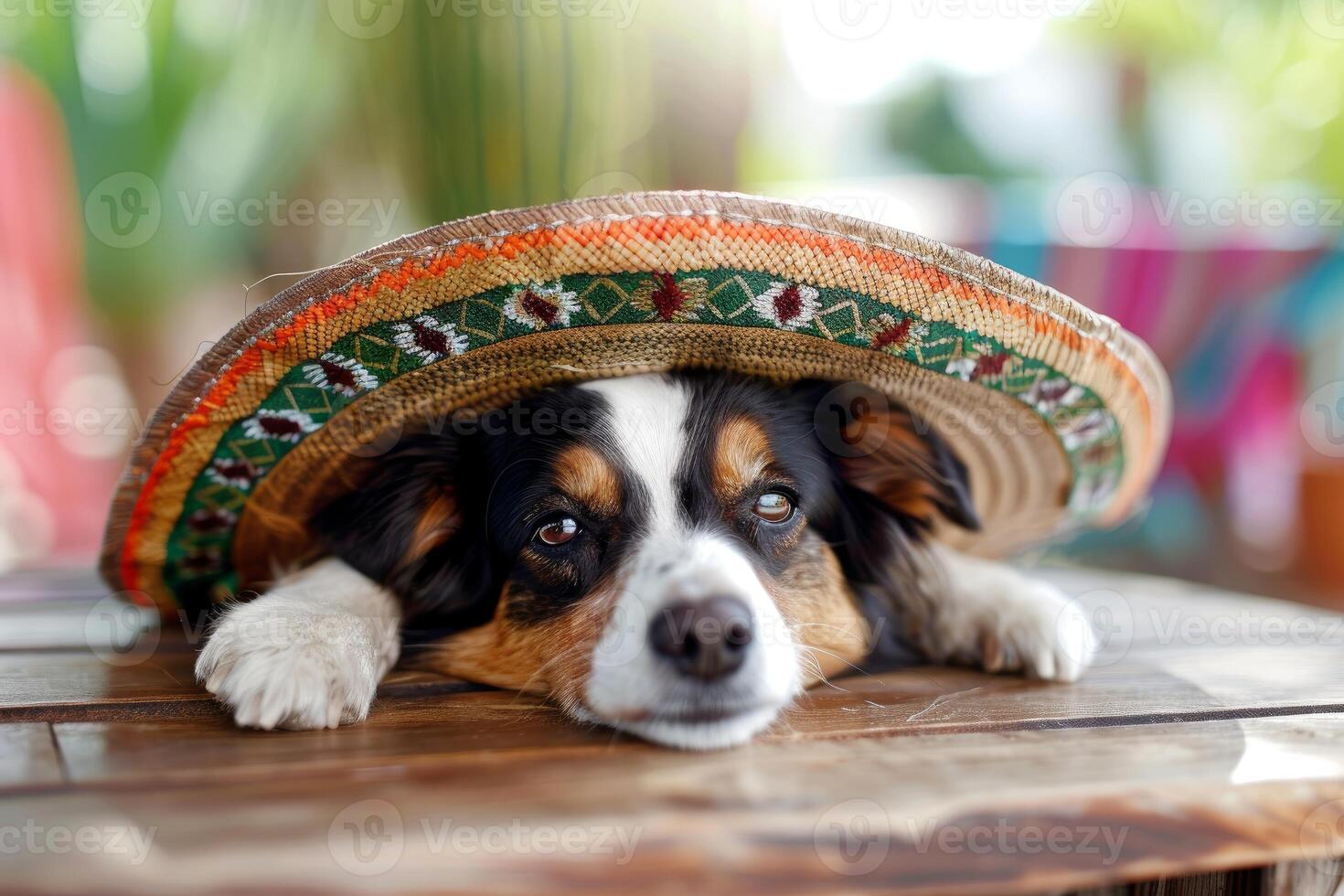 Dog wearing a colorful sombrero resting on table photo