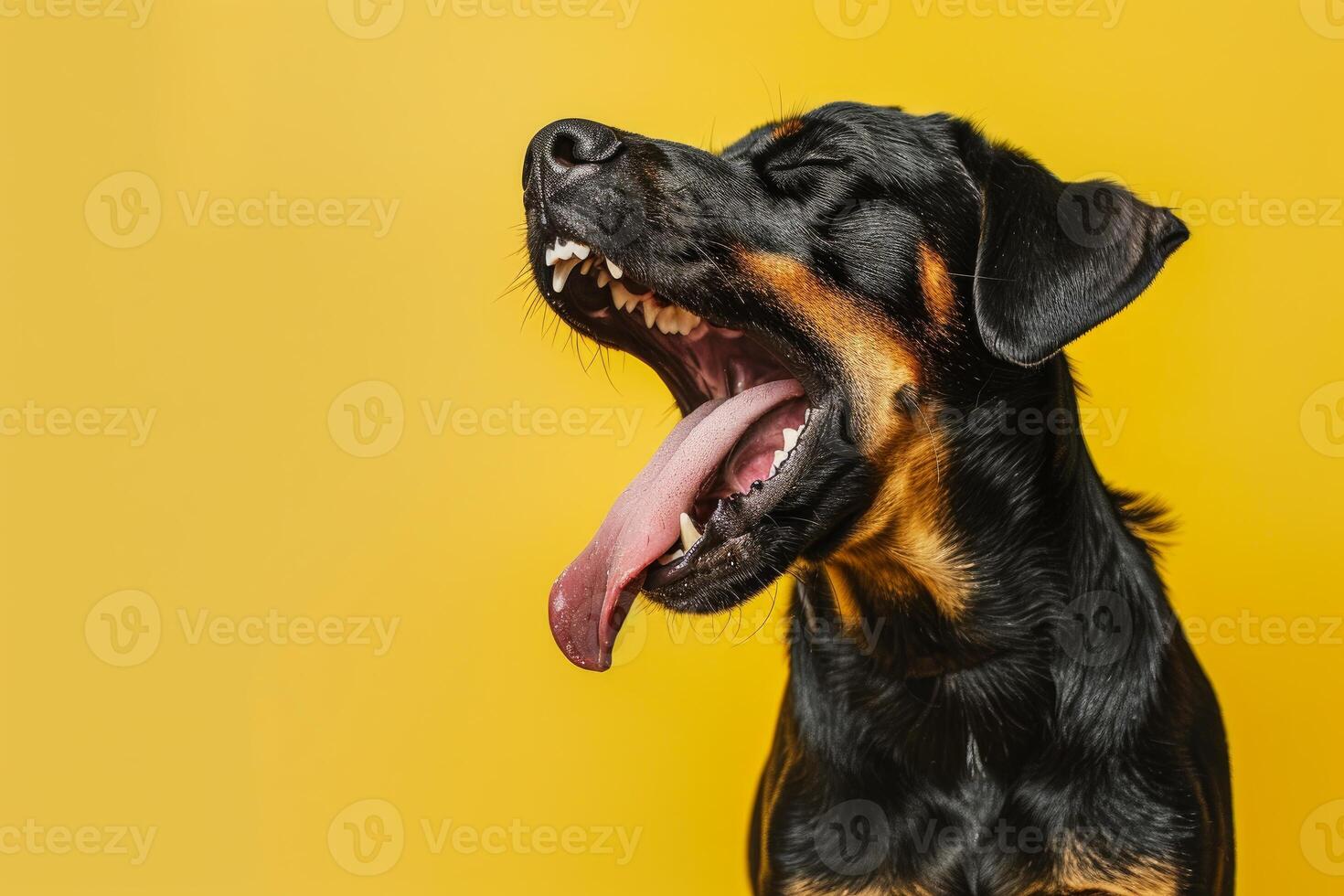 Happy dog with open mouth on yellow background photo