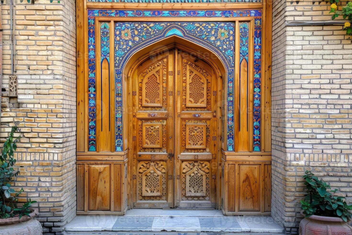 Traditional ornate wooden door with mosaic details photo