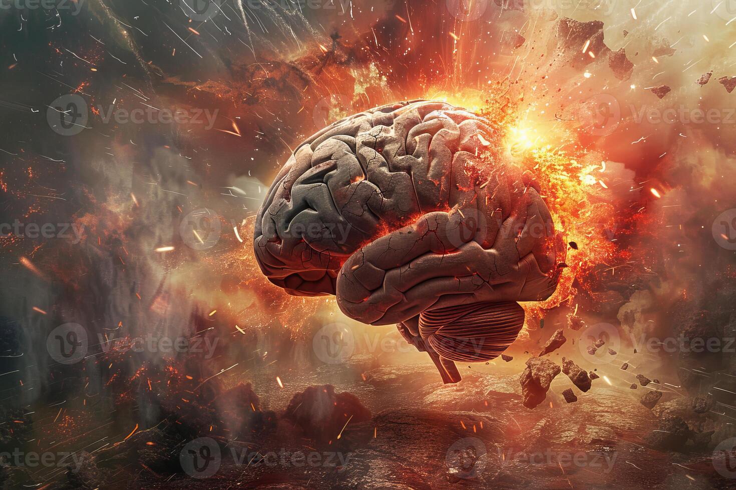 Digital art of a human brain exploding with fiery embers against a chaotic backdrop photo