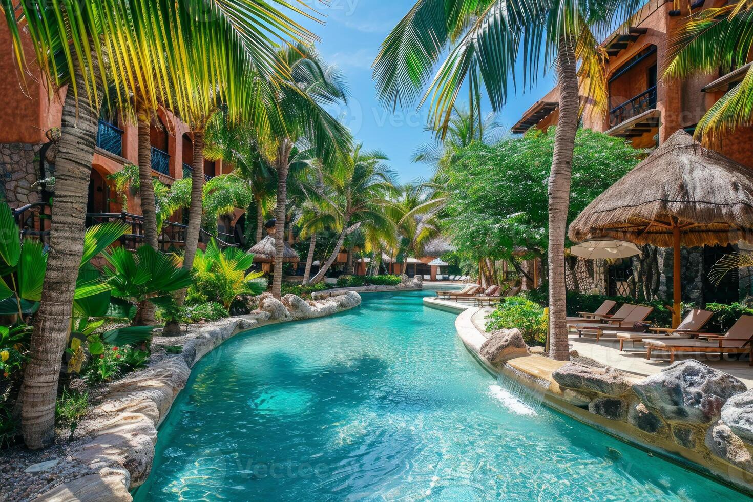 Tropical resort paradise with serene lazy river pool photo