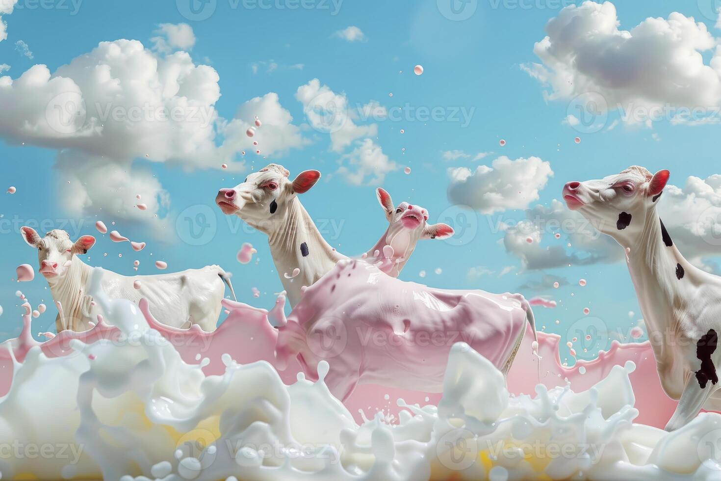 Surreal milk splash with flying cows against sky background photo