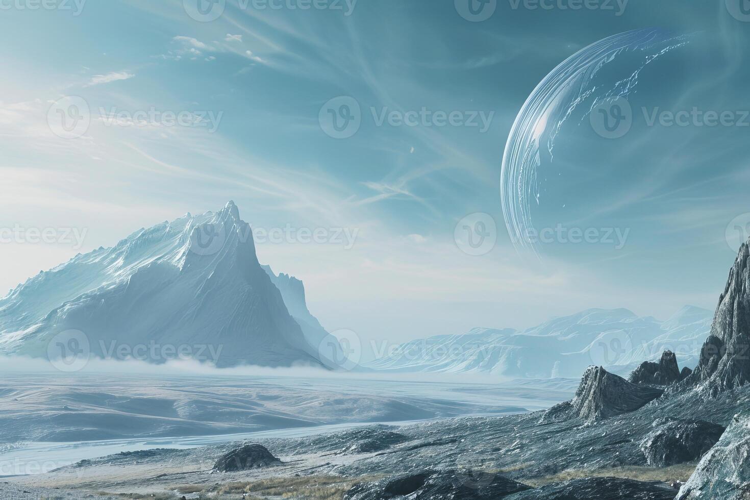 Majestic alien landscape with large planet photo