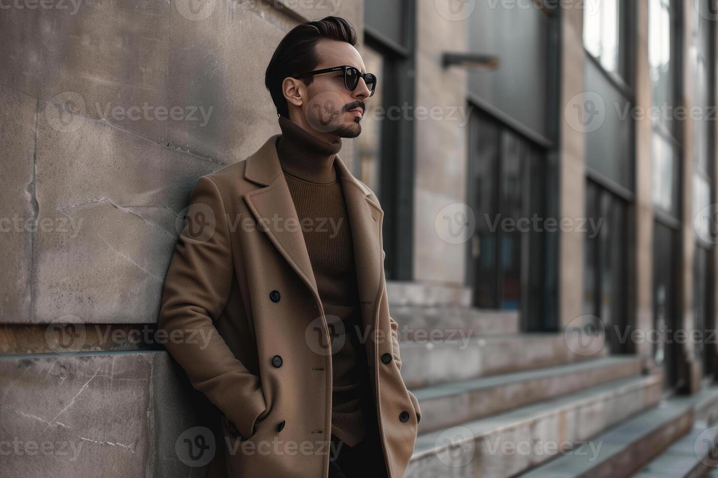 Stylish man in overcoat posing in urban setting photo