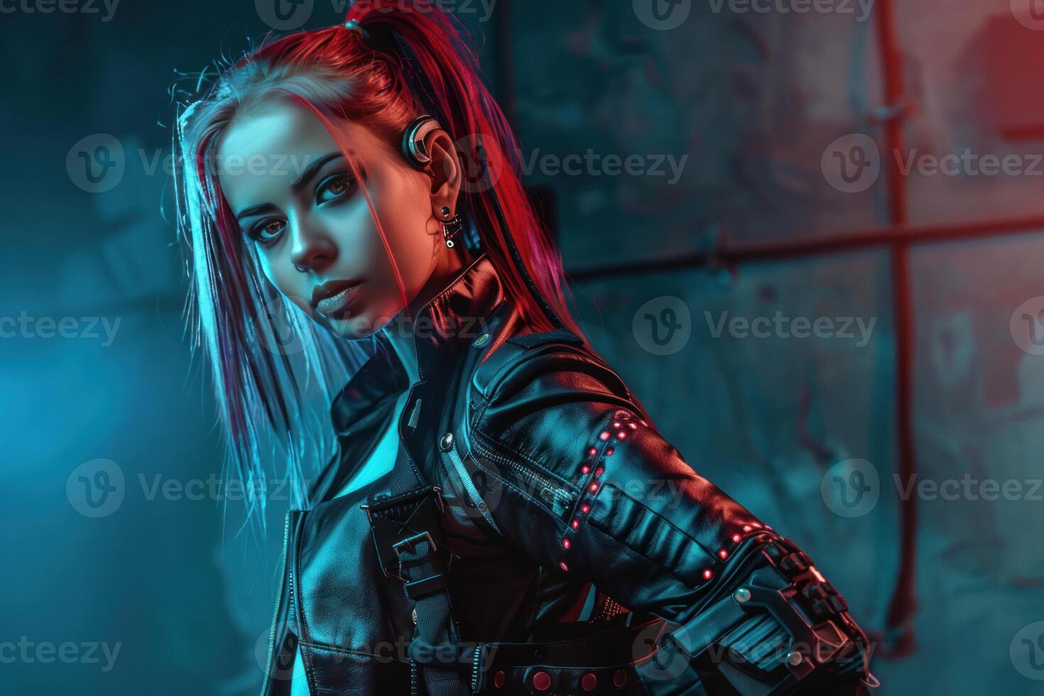 Cyberpunk styled portrait in neon lights photo
