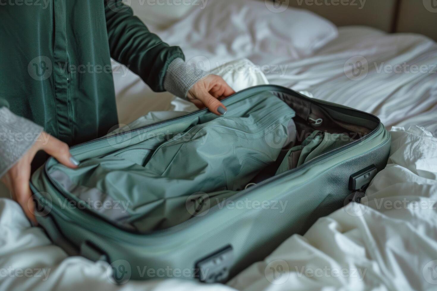 Preparing for a trip, packing light with an open suitcase photo
