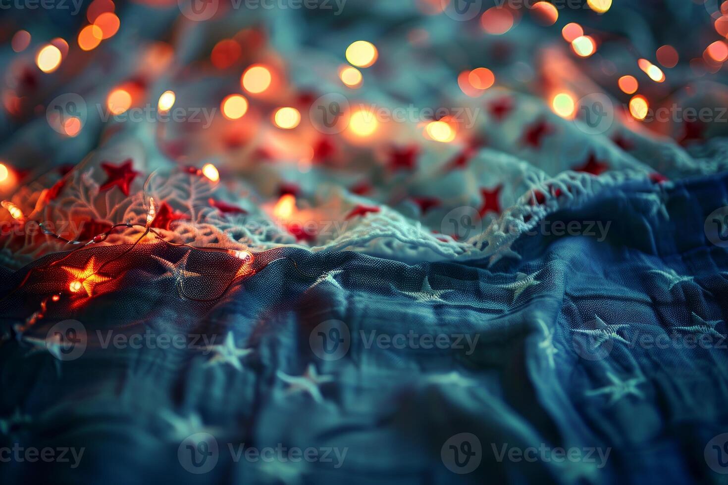 Festive lights on starry fabric background photo