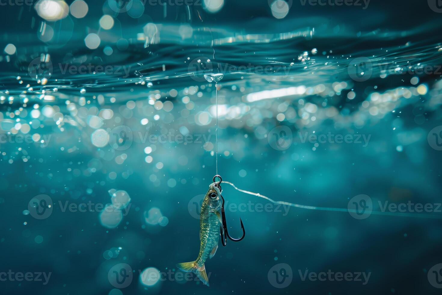 Underwater view of a fish caught on a hook photo