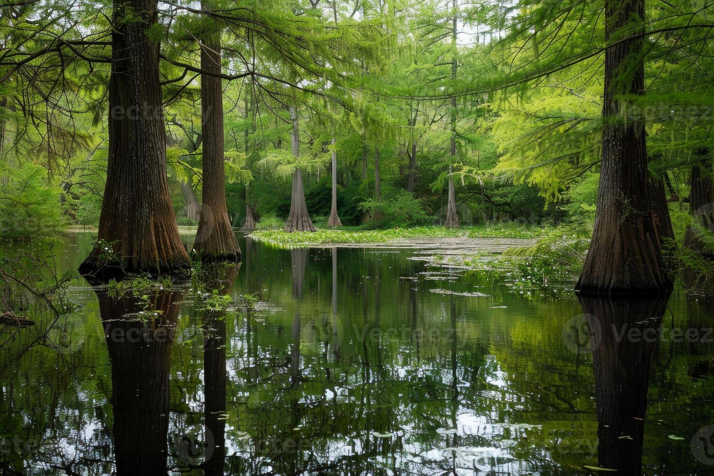 Tranquil view of a swamp with bald cypress trees and green foliage reflecting on water photo