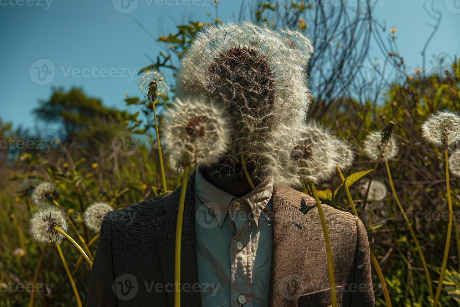 Surreal man with dandelion head in field photo