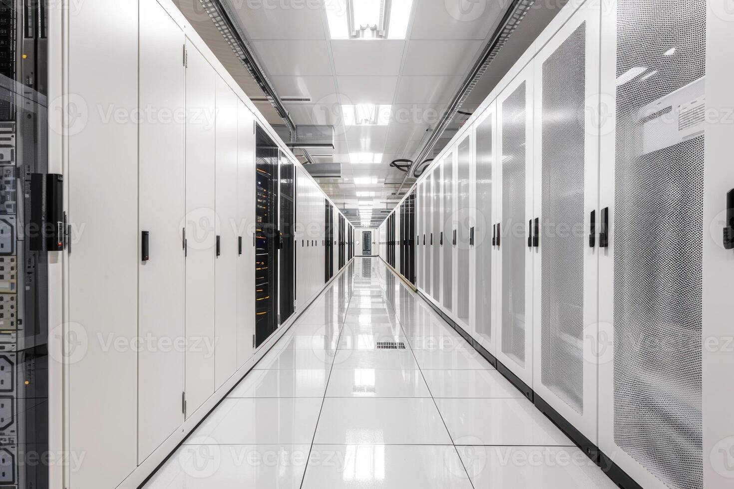 Modern data center corridor with server racks photo