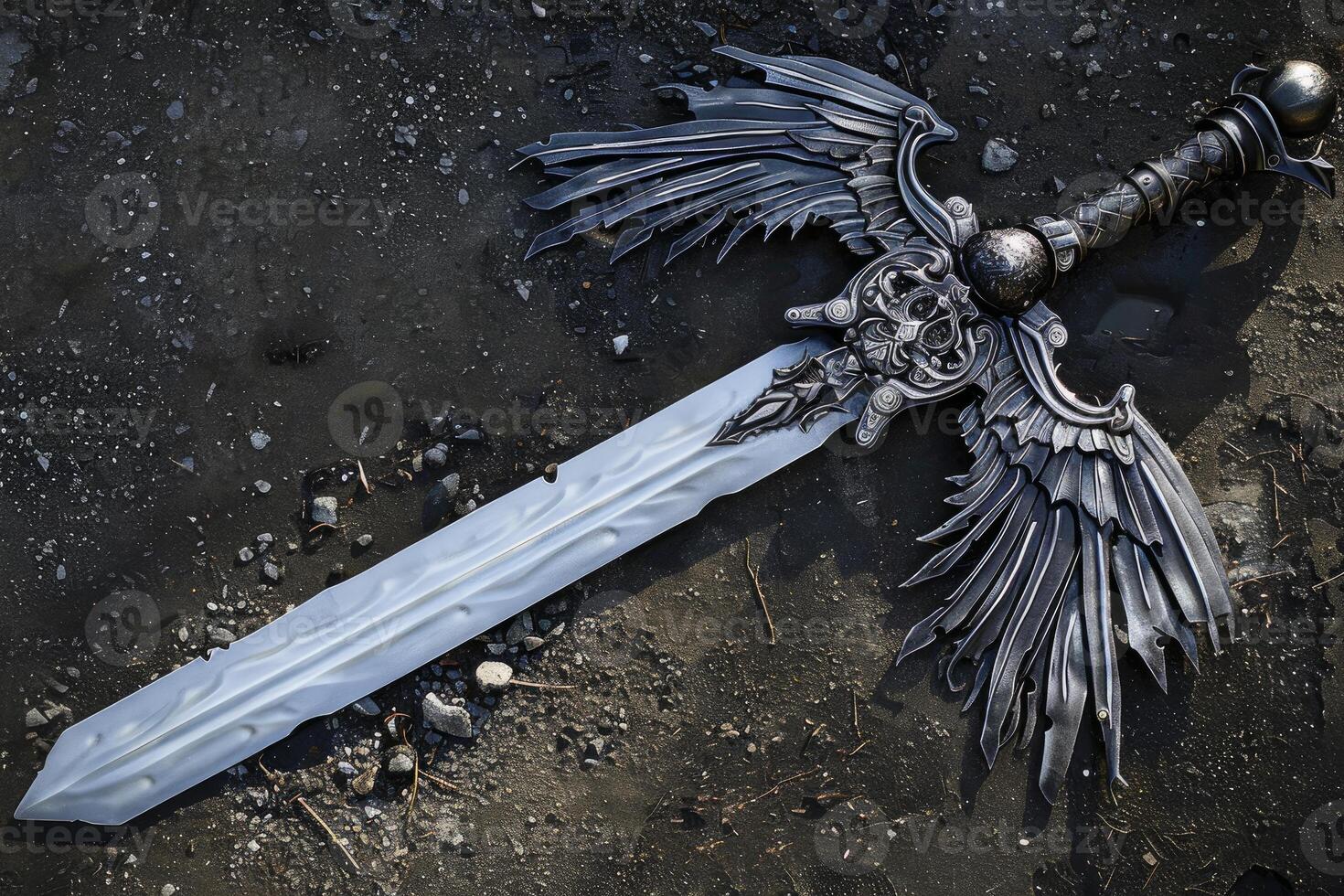 Majestic fantasy sword with angel wings hilt on dark background photo