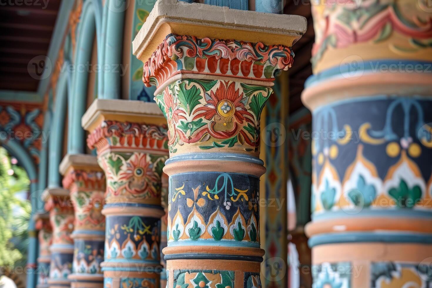 Closeup of vibrant, ornate ceramic pillars with traditional motifs in an outdoor setting photo