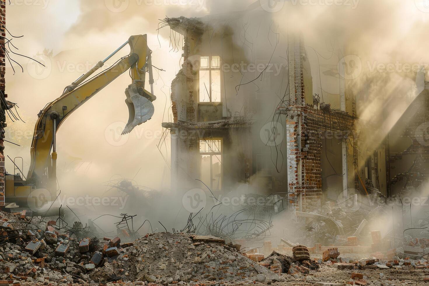 Excavator demolishing old building amid dust clouds photo