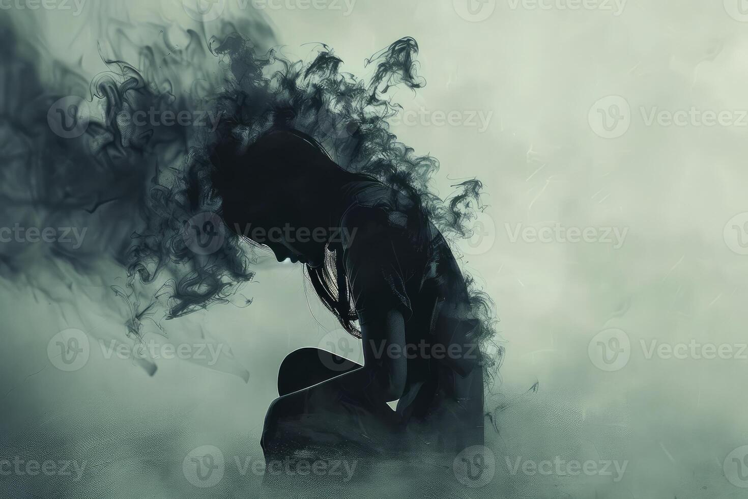 Artistic image of a woman's silhouette with smoky effect on gray background photo