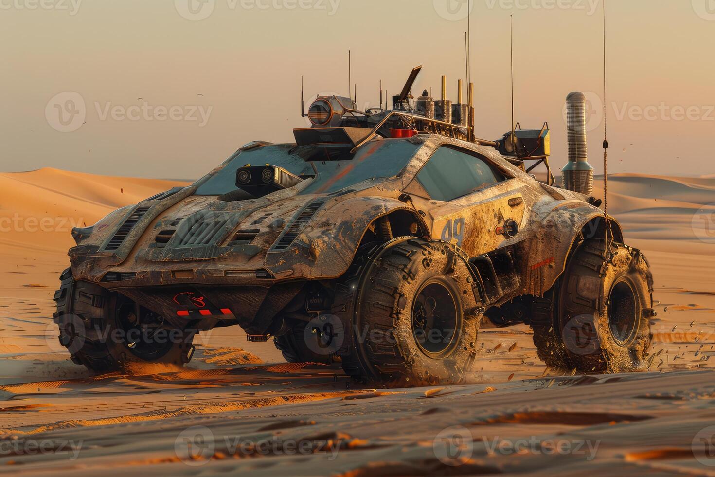 Futuristic offroad vehicle in desert dunes at sunset photo