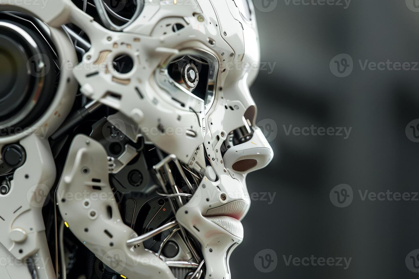 Closeup of a humanoid robot's face with intricate details and a contemplative expression photo