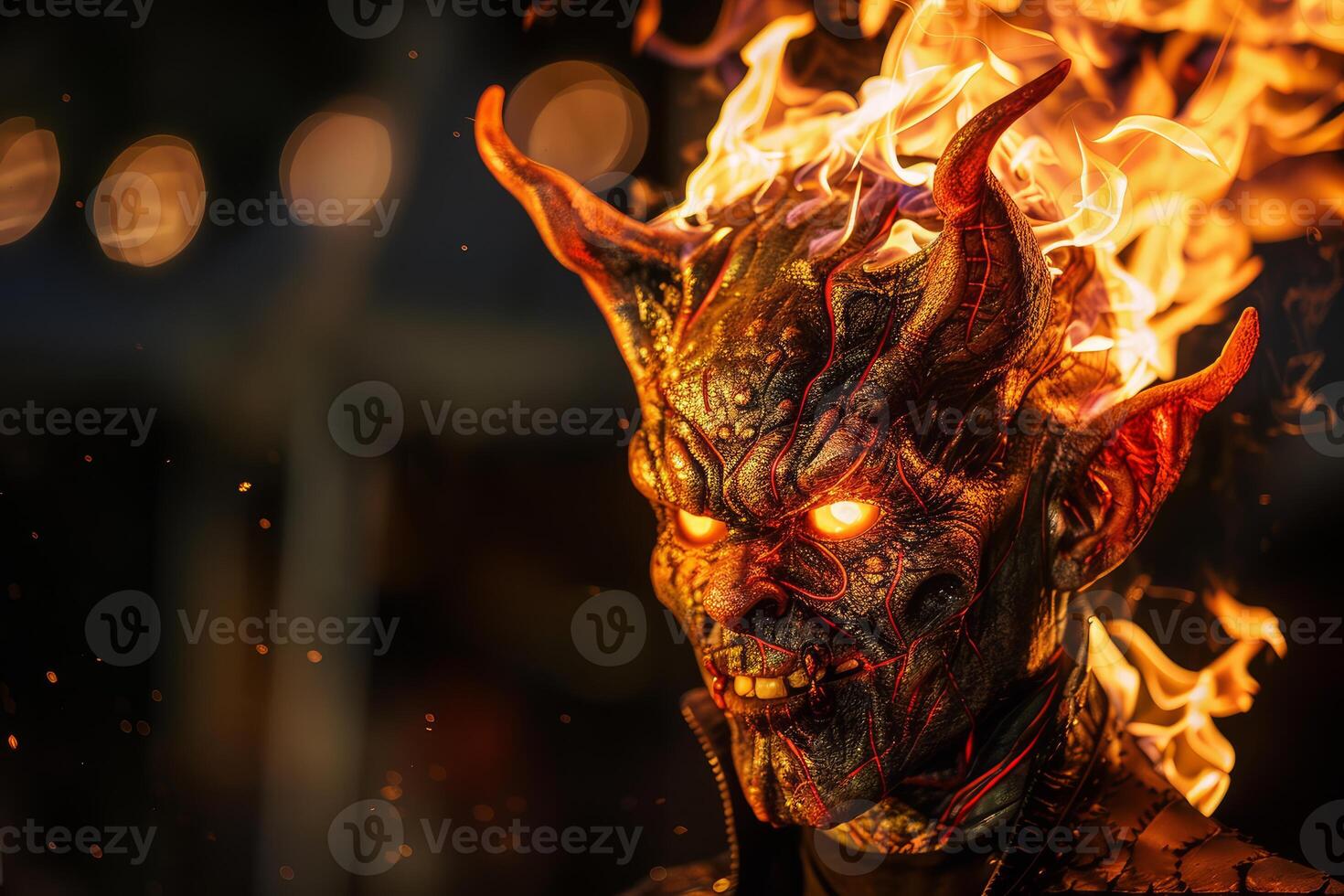 Fiery demon mask in the dark photo