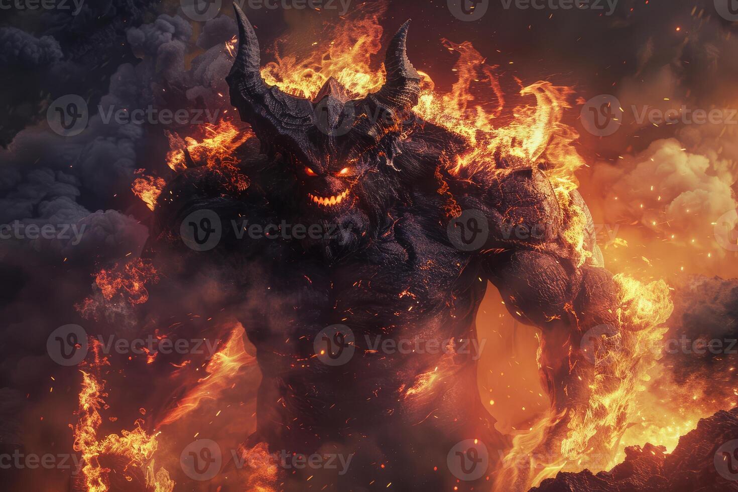 Fiery demon in infernal environment photo