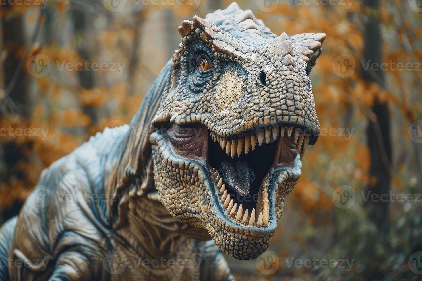 Realistic dinosaur model roaring in natural habitat photo