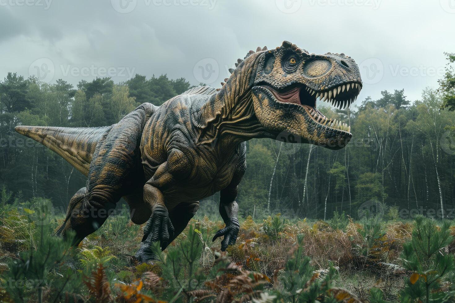 Lifelike tyrannosaurus rex roaming in forest photo