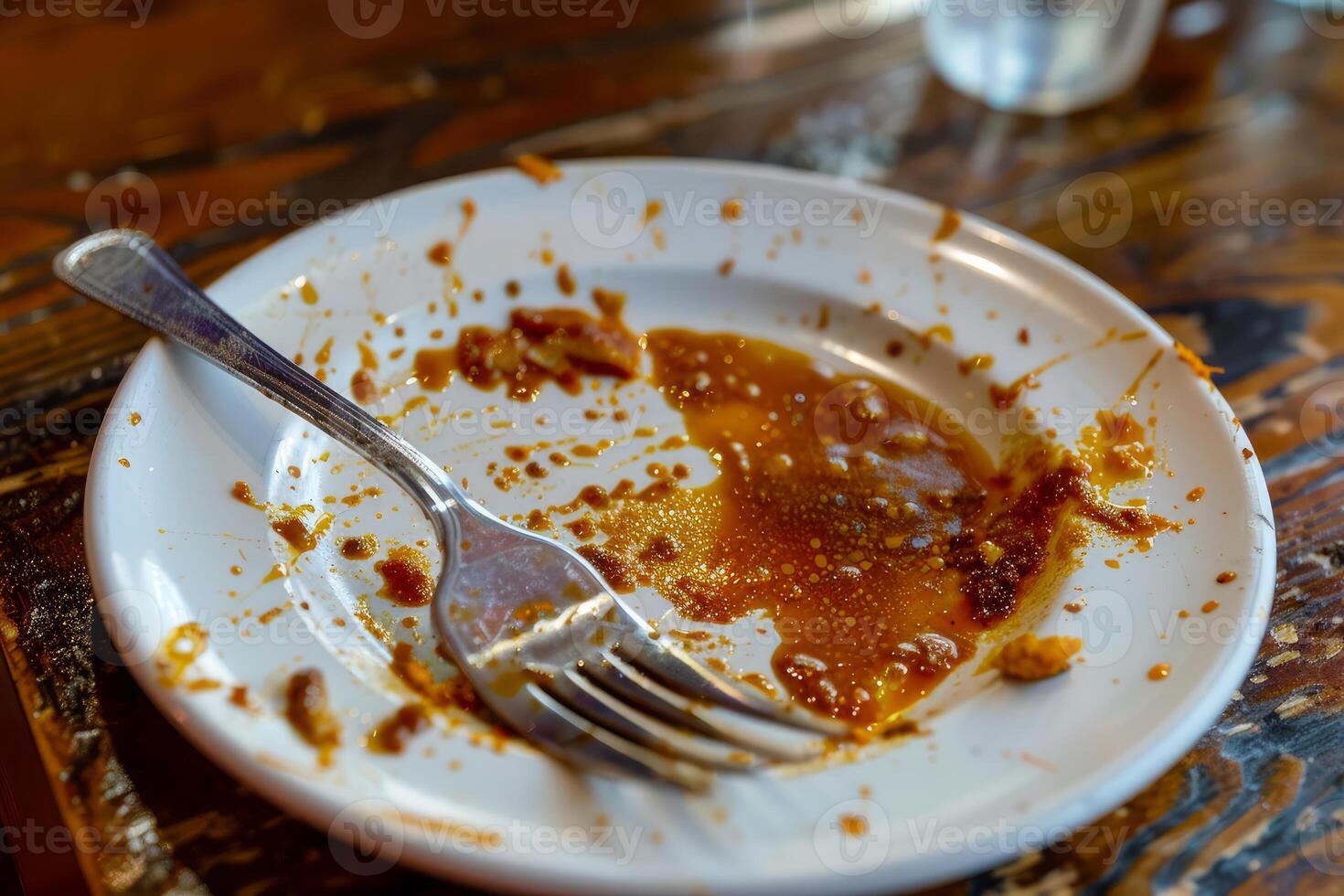 Empty plate with food scraps and fork photo
