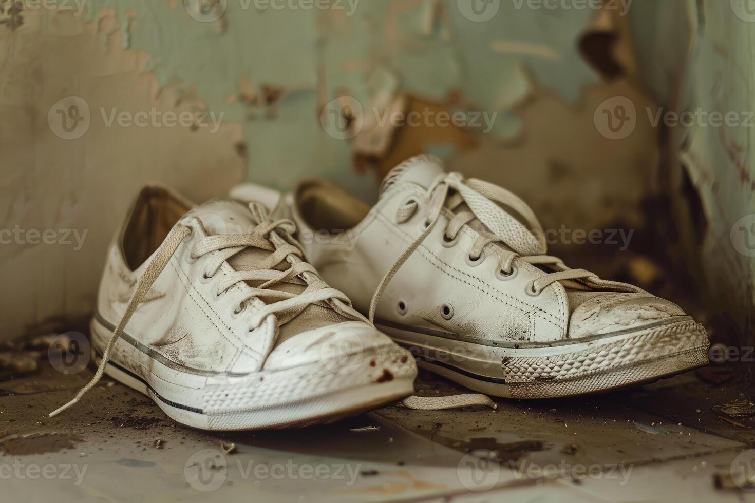 Abandoned sneakers in a derelict room photo