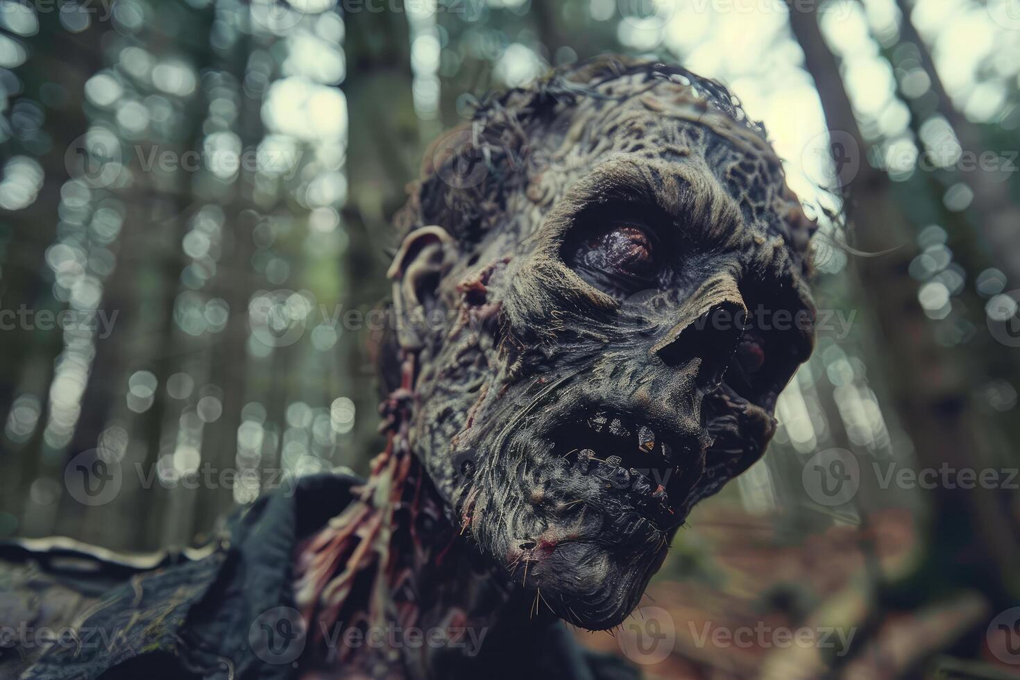 Creepy zombie face in forest setting photo
