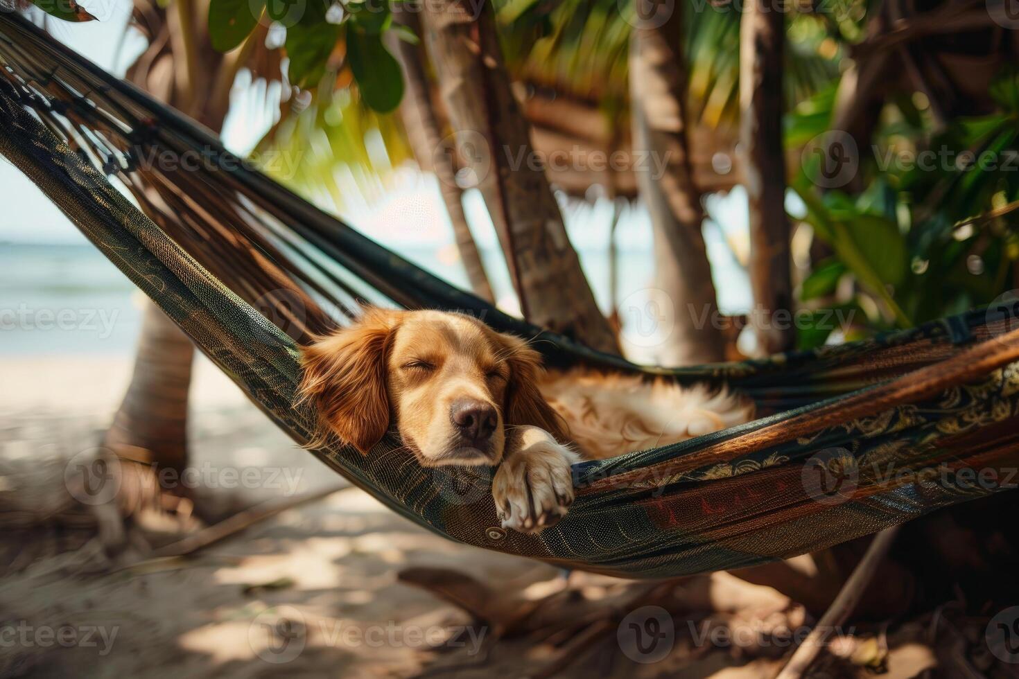 Peaceful dog resting in hammock on a sunny beach photo