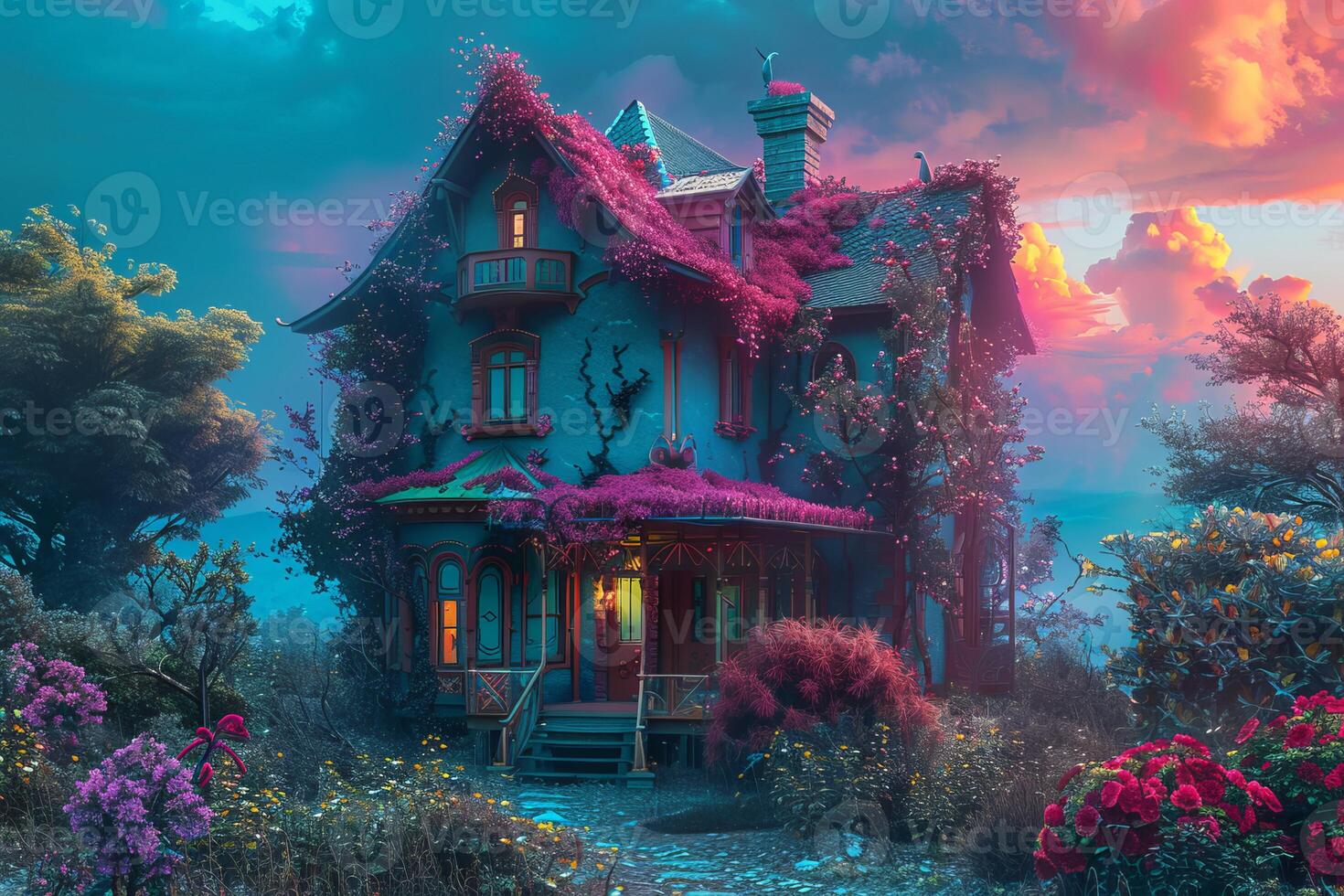 Enchanted fairy tale house at sunset photo