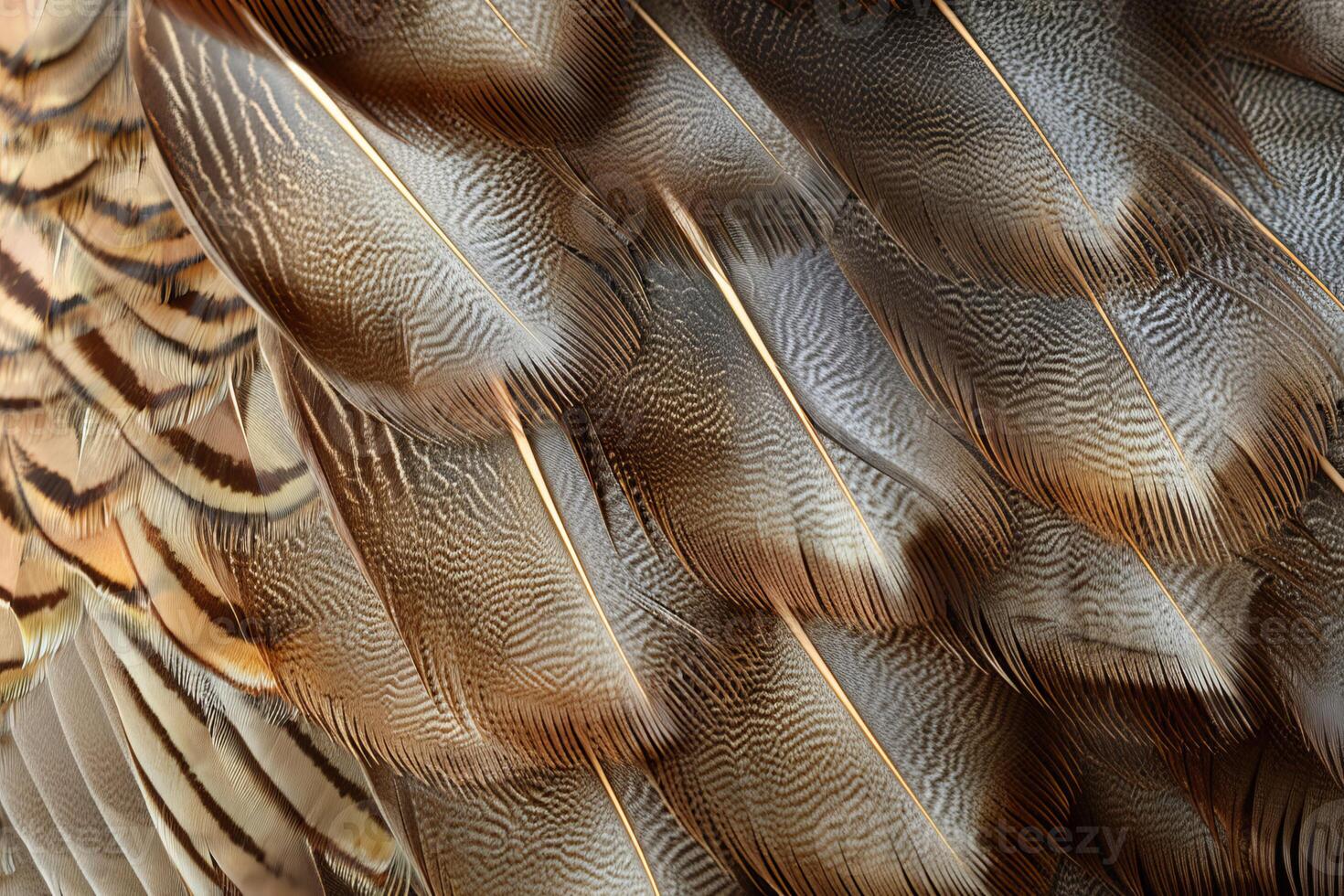 Detailed closeup of brown patterned bird feathers, showcasing natural texture photo