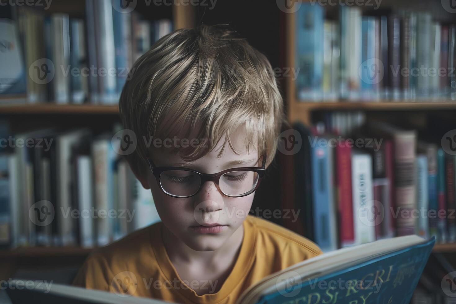 Young boy engrossed in reading book in library photo