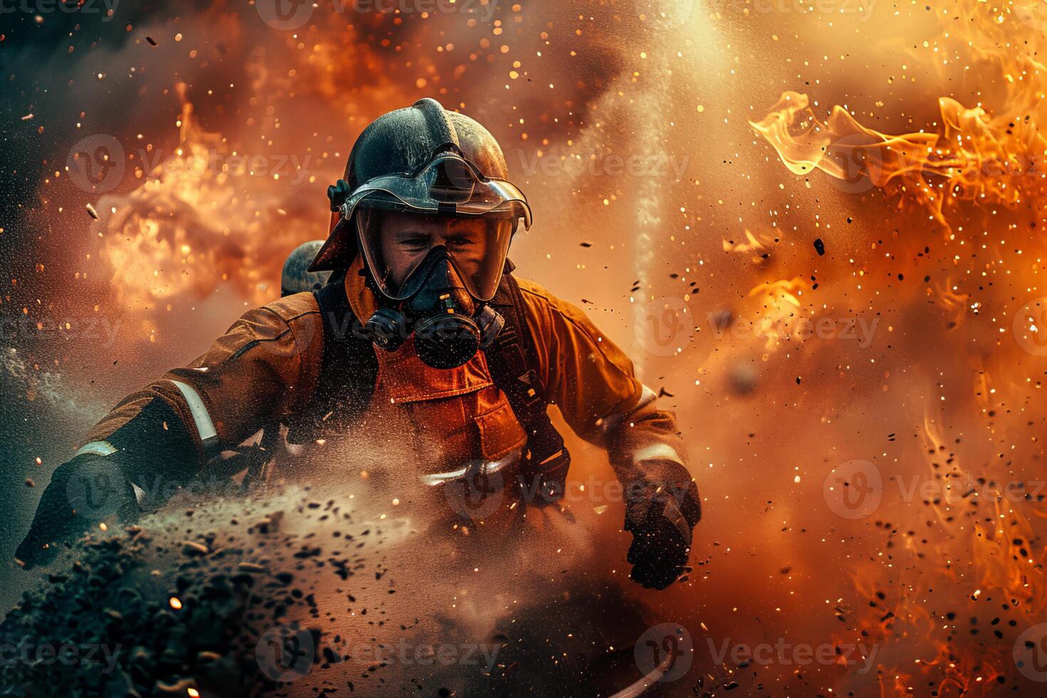 Brave firefighter in action amidst explosive blaze photo