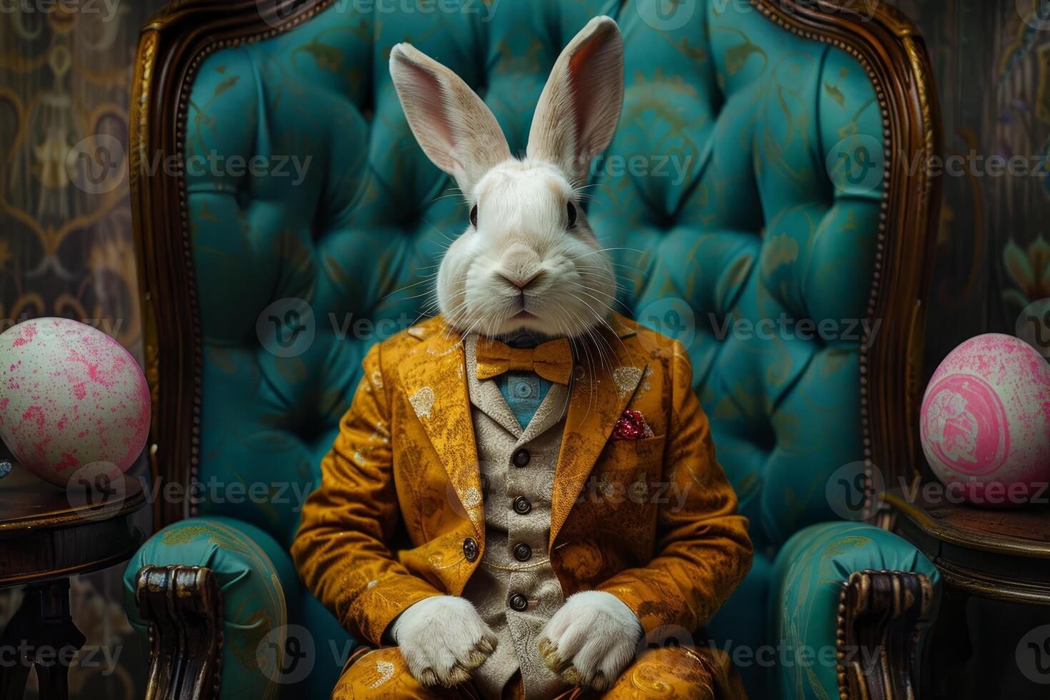 Aristocratic rabbit in elegant attire with easter eggs photo