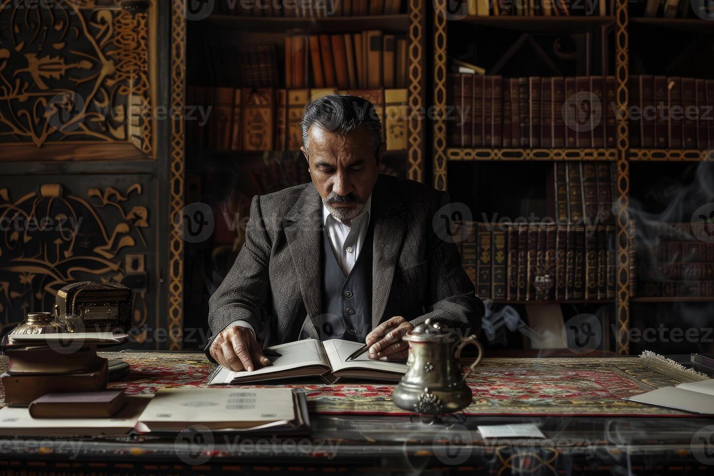 Scholar reading in a classic library ambiance photo