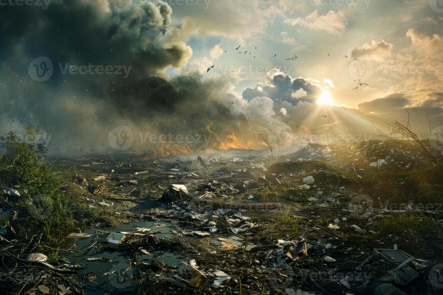 Apocalyptic landscape with fiery sky photo