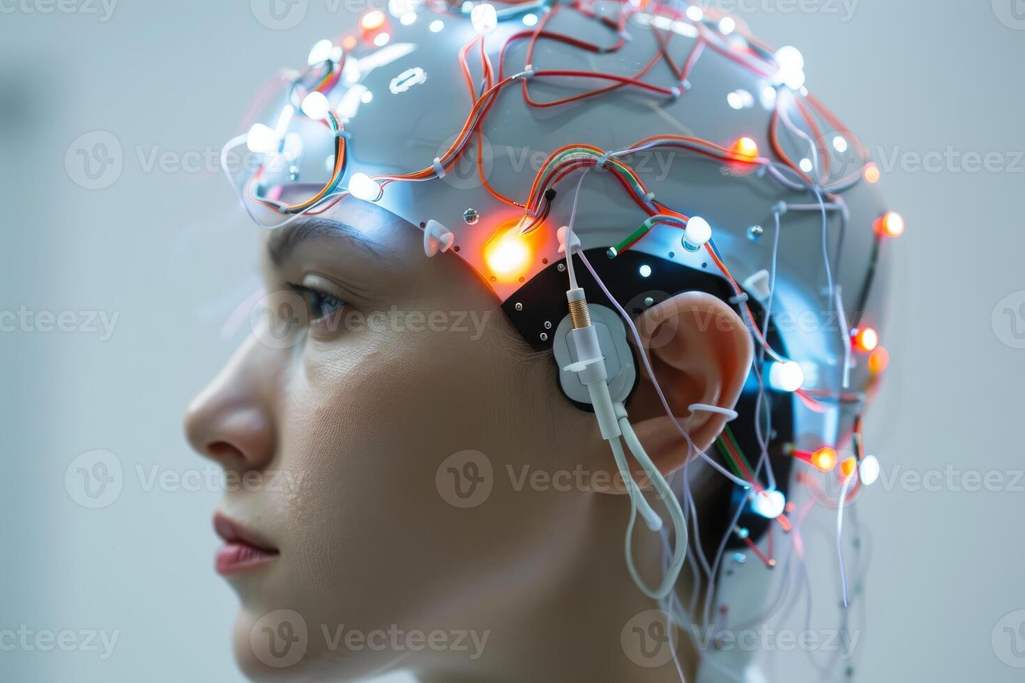 Side profile of a person with a braincomputer interface full of glowing wires photo