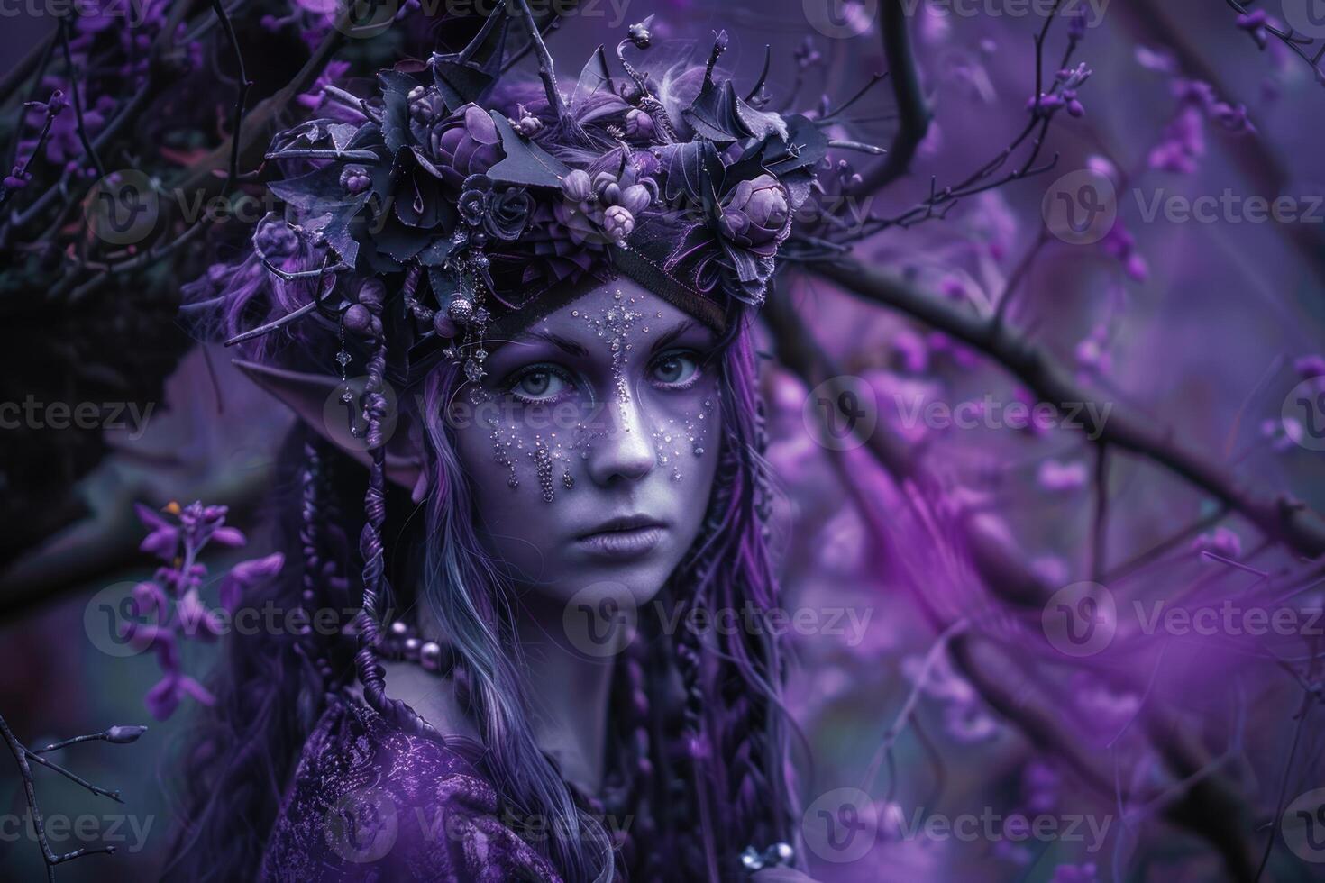Enchanting forest fairy in mystic purple woods photo