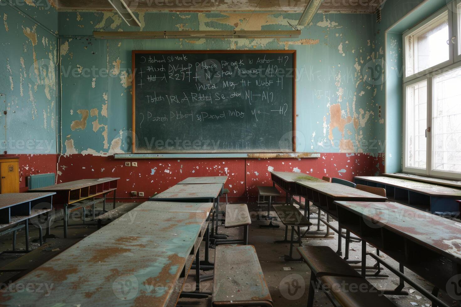 Abandoned classroom with chalkboard and desks photo