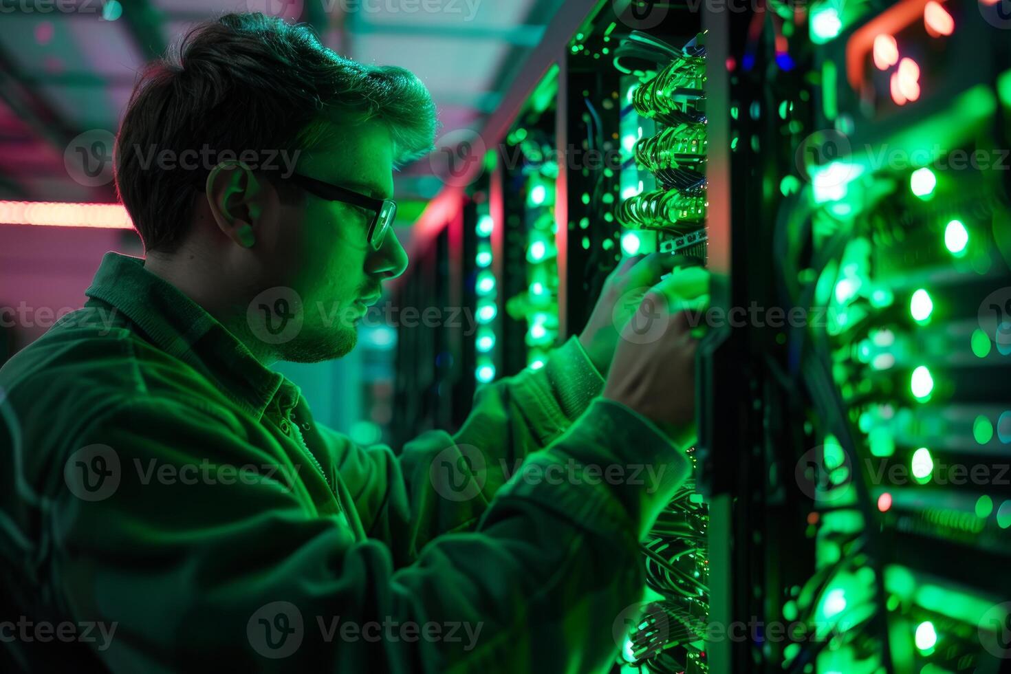 Network engineer configuring servers at data center photo