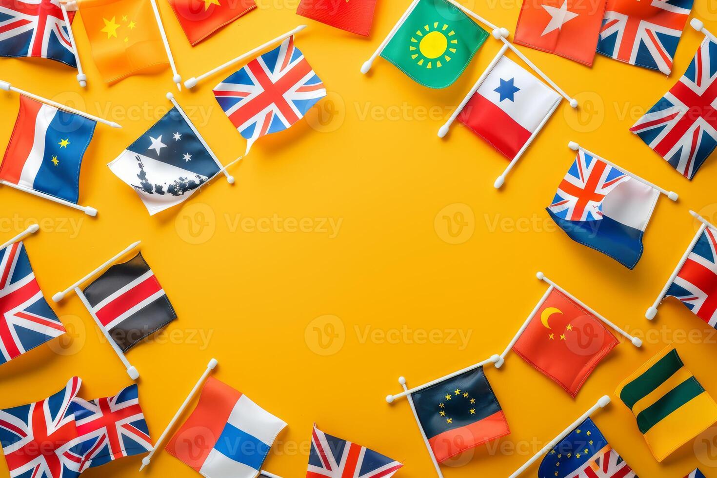 Circle of various national flags on a yellow background photo