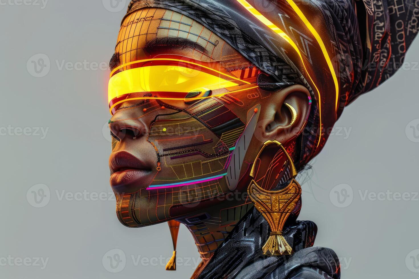 Closeup of an african cyborg woman with vibrant neon lights and advanced technology interface photo