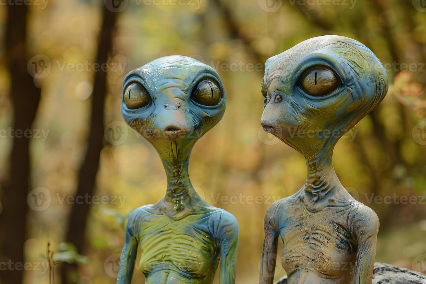 Extraterrestrial encounter, alien figures in forest setting photo