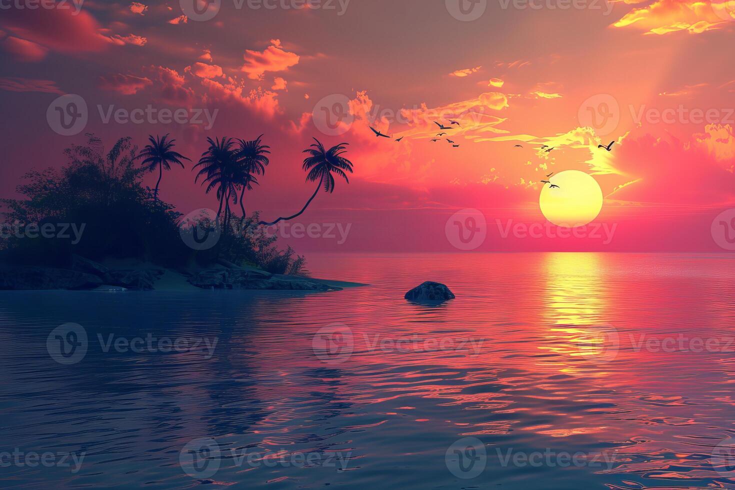 Vivid sunset over tranquil tropical ocean with silhouetted palm trees and birds photo