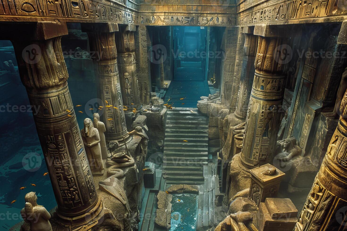 Eerie view of ancient submerged temple with hieroglyphics and statues photo