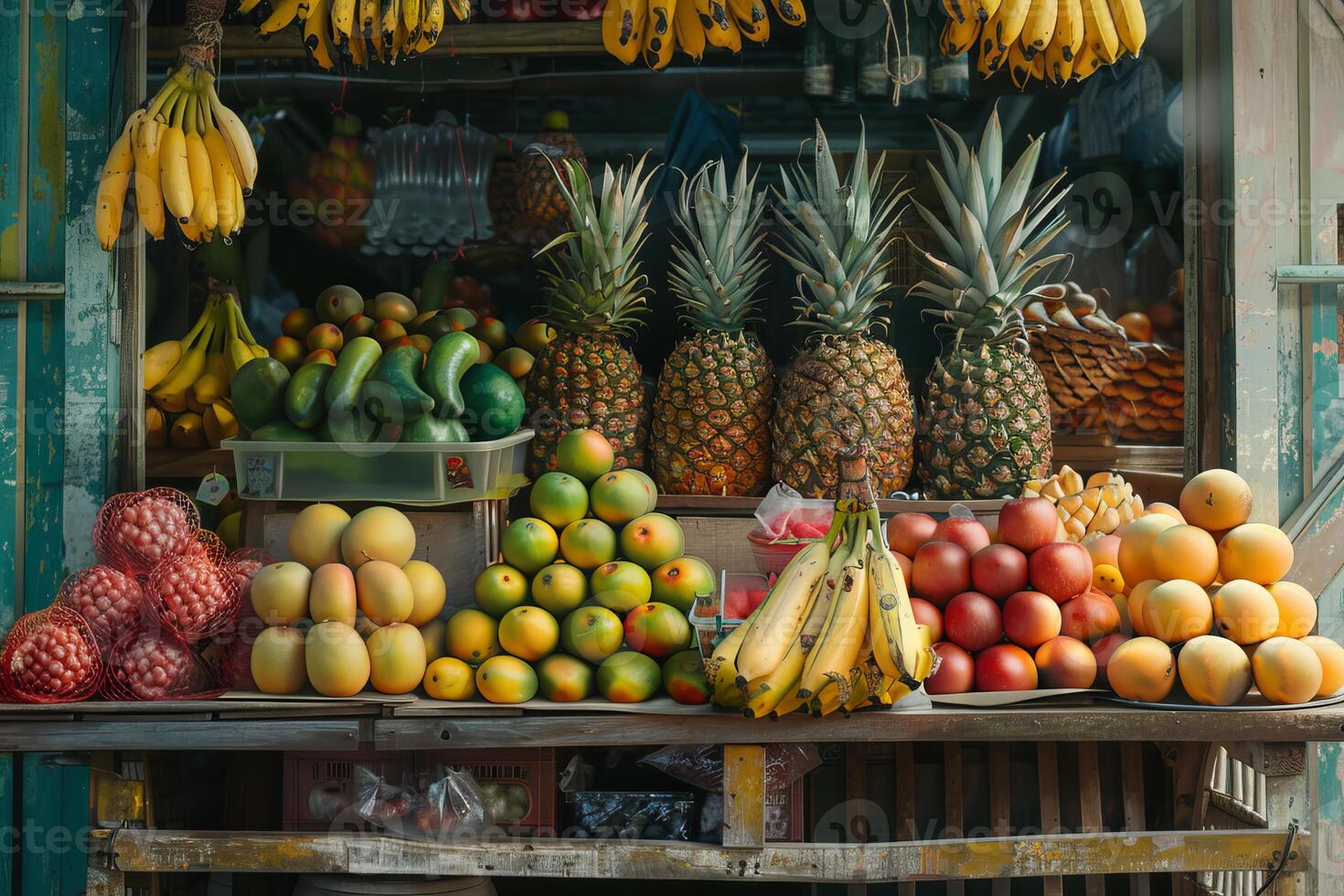 Colorful fruit stand displaying tropical produce photo